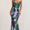 Lifetime | Watercolour Print Satin Cowl Neck Maxi Dress With Cross Back Detail