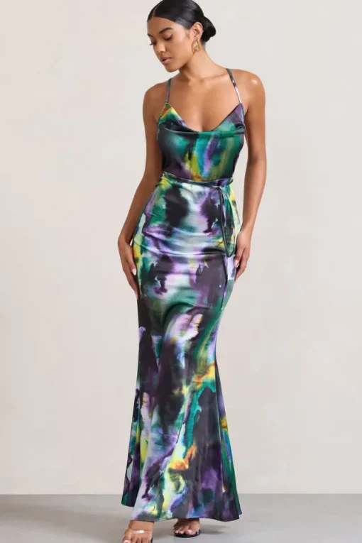 Lifetime | Watercolour Print Satin Cowl Neck Maxi Dress With Cross Back Detail