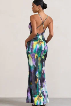 Lifetime | Watercolour Print Satin Cowl Neck Maxi Dress With Cross Back Detail