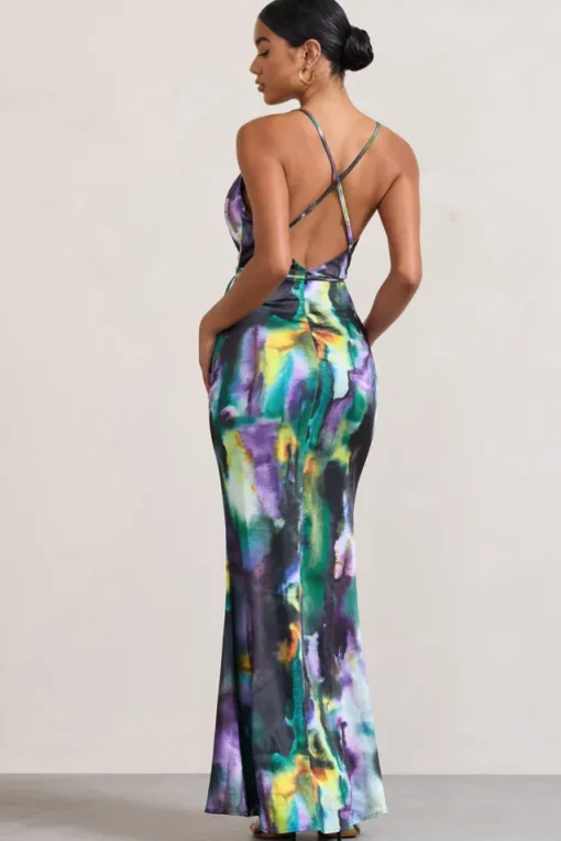 Lifetime | Watercolour Print Satin Cowl Neck Maxi Dress With Cross Back Detail