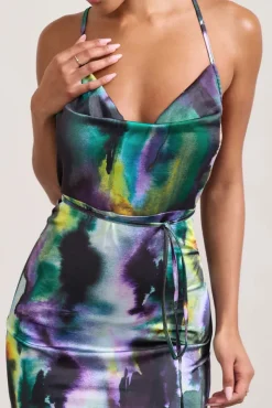 Lifetime | Watercolour Print Satin Cowl Neck Maxi Dress With Cross Back Detail