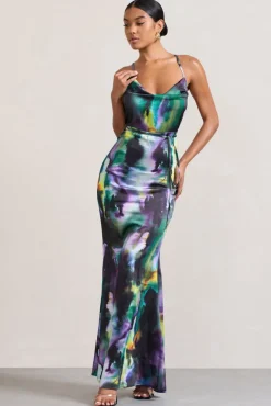 Lifetime | Watercolour Print Satin Cowl Neck Maxi Dress With Cross Back Detail