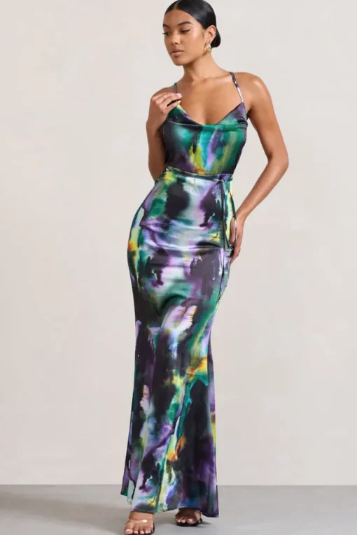 Lifetime | Watercolour Print Satin Cowl Neck Maxi Dress With Cross Back Detail