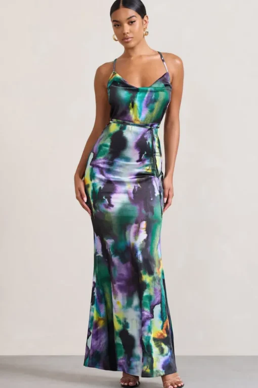 Lifetime | Watercolour Print Satin Cowl Neck Maxi Dress With Cross Back Detail