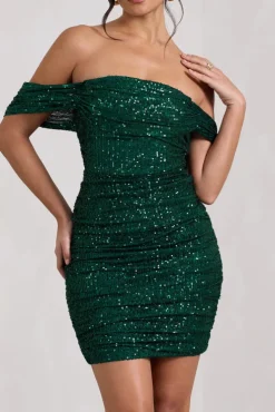 Light Up | Green Sequin Bardot Mini Dress With Drape Detail