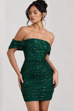 Light Up | Green Sequin Bardot Mini Dress With Drape Detail