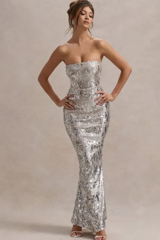 Like Magic | Silver Sequin Bandeau Maxi Dress