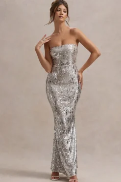 Like Magic | Silver Sequin Bandeau Maxi Dress