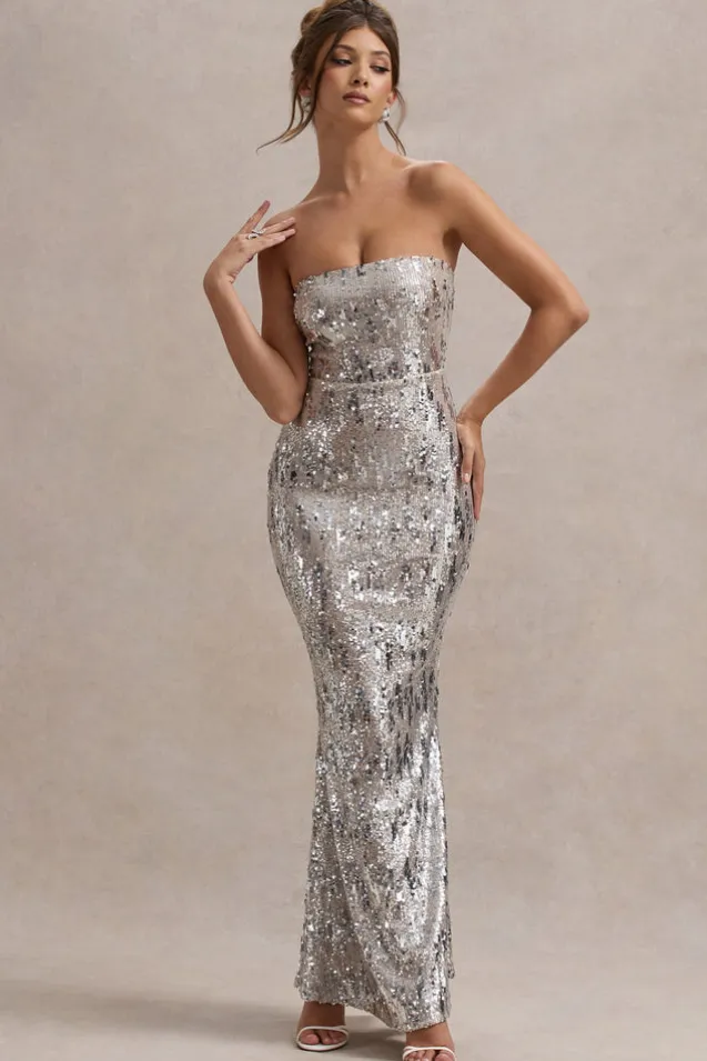 Like Magic | Silver Sequin Bandeau Maxi Dress
