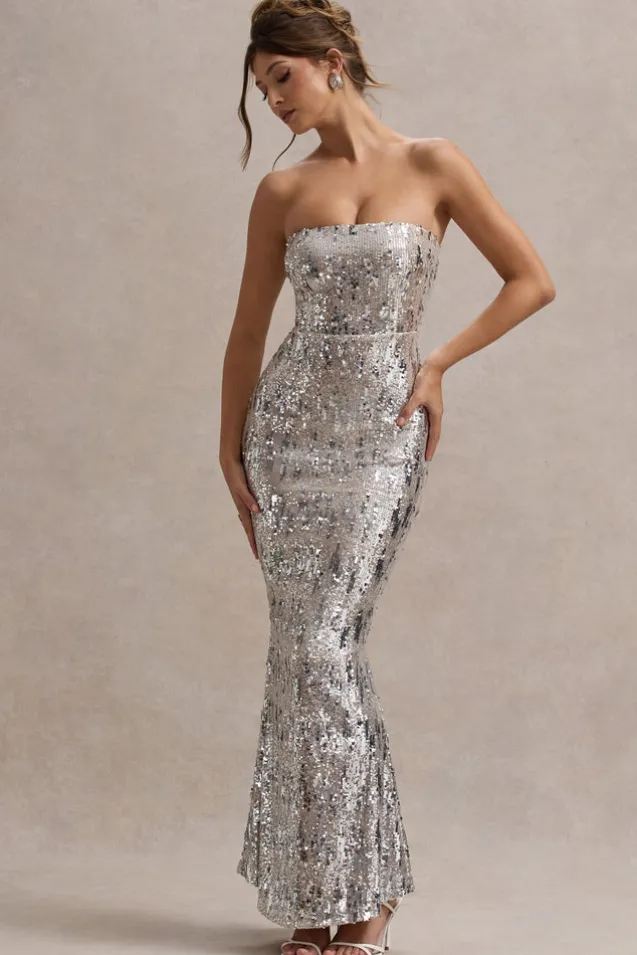 Like Magic | Silver Sequin Bandeau Maxi Dress