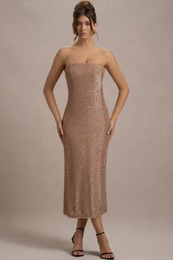 Lilabelle | Rose Gold Plisse Sequin Bandeau Midi Dress