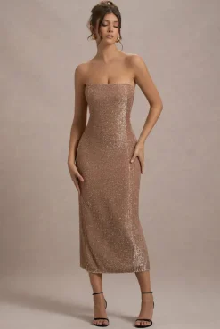 Lilabelle | Rose Gold Plisse Sequin Bandeau Midi Dress
