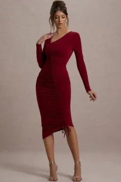 Lilia | Berry Ruched Asymmetric Midi Dress