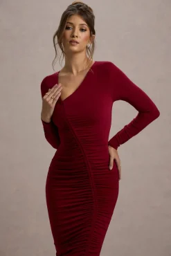 Lilia | Berry Ruched Asymmetric Midi Dress