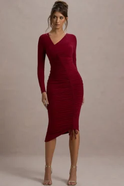 Lilia | Berry Ruched Asymmetric Midi Dress