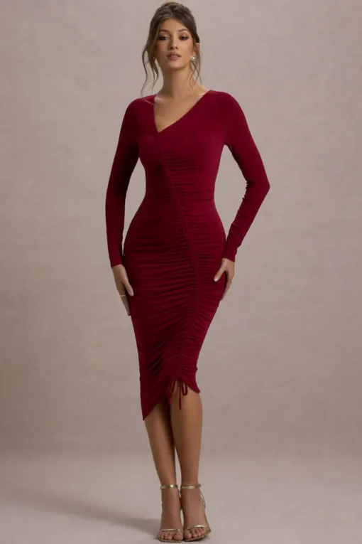 Lilia | Berry Ruched Asymmetric Midi Dress