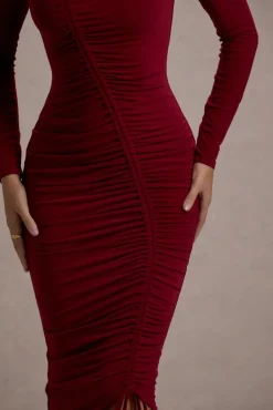 Lilia | Berry Ruched Asymmetric Midi Dress