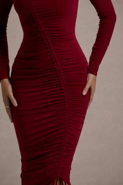Lilia | Berry Ruched Asymmetric Midi Dress