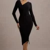 Lilia | Black Ruched Asymmetric Midi Dress