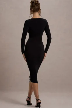 Lilia | Black Ruched Asymmetric Midi Dress