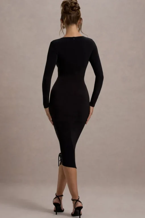 Lilia | Black Ruched Asymmetric Midi Dress