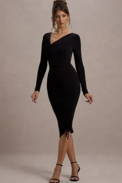 Lilia | Black Ruched Asymmetric Midi Dress