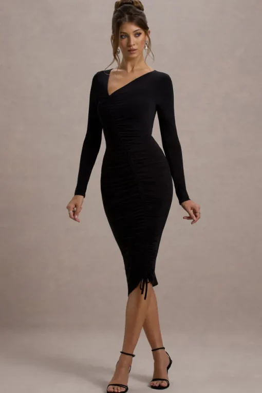 Lilia | Black Ruched Asymmetric Midi Dress