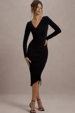 Lilia | Black Ruched Asymmetric Midi Dress