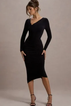Lilia | Black Ruched Asymmetric Midi Dress