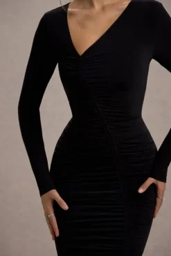Lilia | Black Ruched Asymmetric Midi Dress