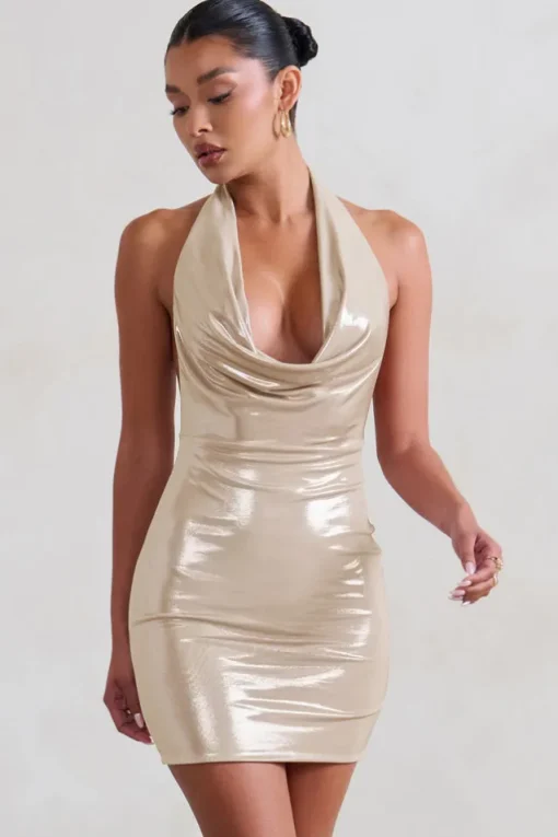 Liliana | Gold Shimmer Cowl Neck Mini Dress