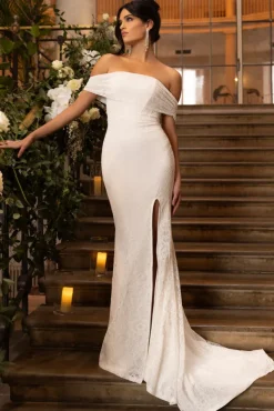 Lilibet | White Lace Bardot Split Maxi Dress