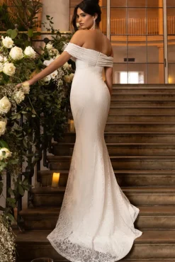 Lilibet | White Lace Bardot Split Maxi Dress