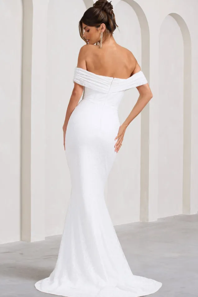 Lilibet | White Lace Bardot Split Maxi Dress