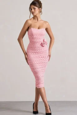 Lille | Pink Polka Dot Ruched Mesh Strapless Midi Dress With Corsage