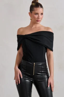 Lillian | Black Bardot Bow Detail Bodysuit