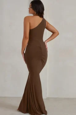 Lilou | Chocolate One Shoulder Wrap Skirt Maxi Dress