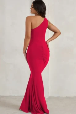 Lilou | Red One Shoulder Wrap Skirt Maxi Dress