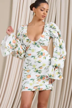 Limoncello | Lemon Print Ruched Cut-Out Mini Dress With Puff Sleeves