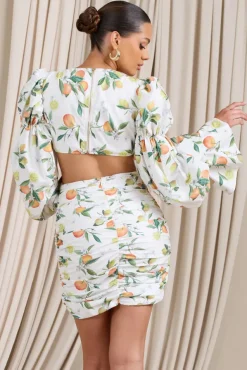 Limoncello | Lemon Print Ruched Cut-Out Mini Dress With Puff Sleeves