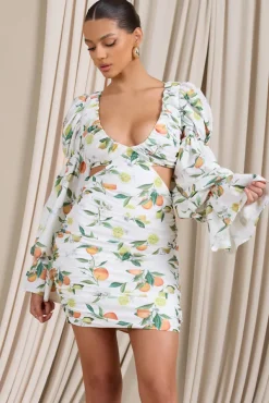 Limoncello | Lemon Print Ruched Cut-Out Mini Dress With Puff Sleeves