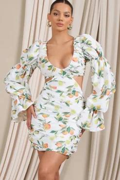 Limoncello | Lemon Print Ruched Cut-Out Mini Dress With Puff Sleeves