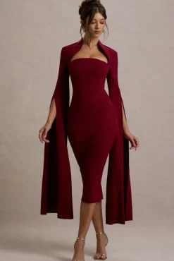 Linden | Berry Bodycon Cape-Sleeve Midi Dress