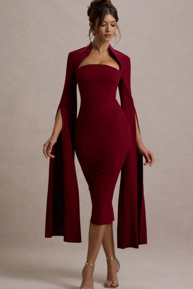 Linden | Berry Bodycon Cape-Sleeve Midi Dress