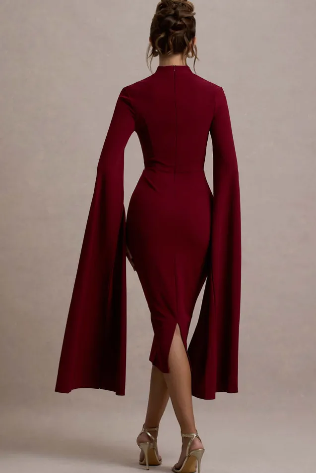 Linden | Berry Bodycon Cape-Sleeve Midi Dress