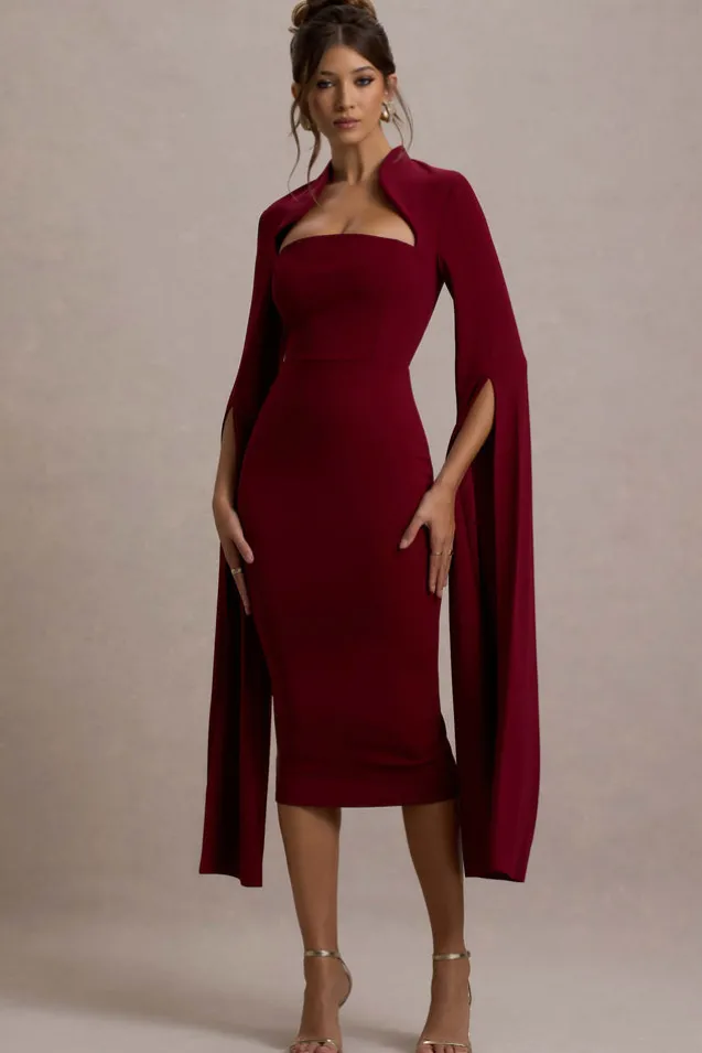 Linden | Berry Bodycon Cape-Sleeve Midi Dress