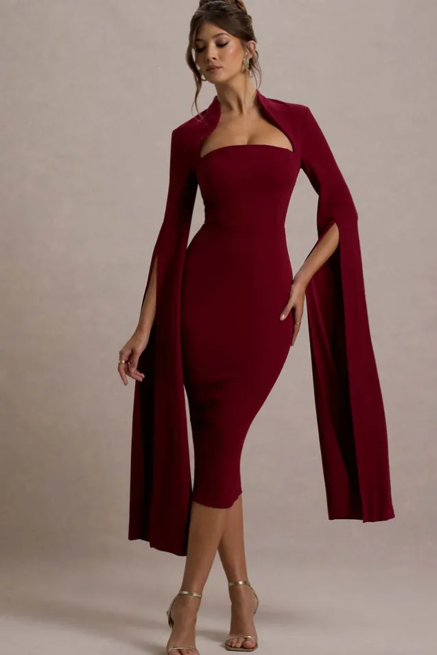 Linden | Berry Bodycon Cape-Sleeve Midi Dress