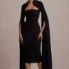 Linden | Black Bodycon Cape-Sleeve Midi Dress