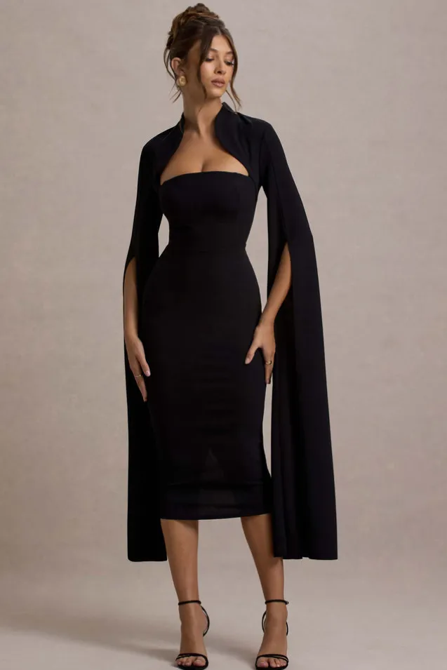 Linden | Black Bodycon Cape-Sleeve Midi Dress