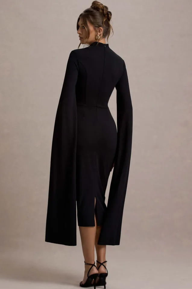 Linden | Black Bodycon Cape-Sleeve Midi Dress